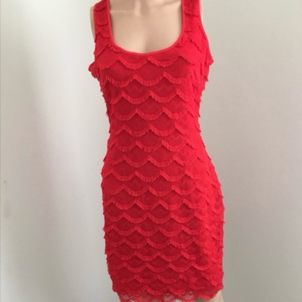 Guess Maria Coral Pink Lace Fringe Crochet Scalloped Zip Dress Size 6 NWOT